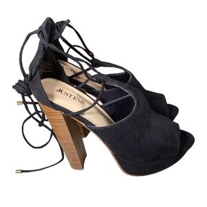 Just Fab NyliaPlatform super tall chunky brown & black open toe, lace-up heels